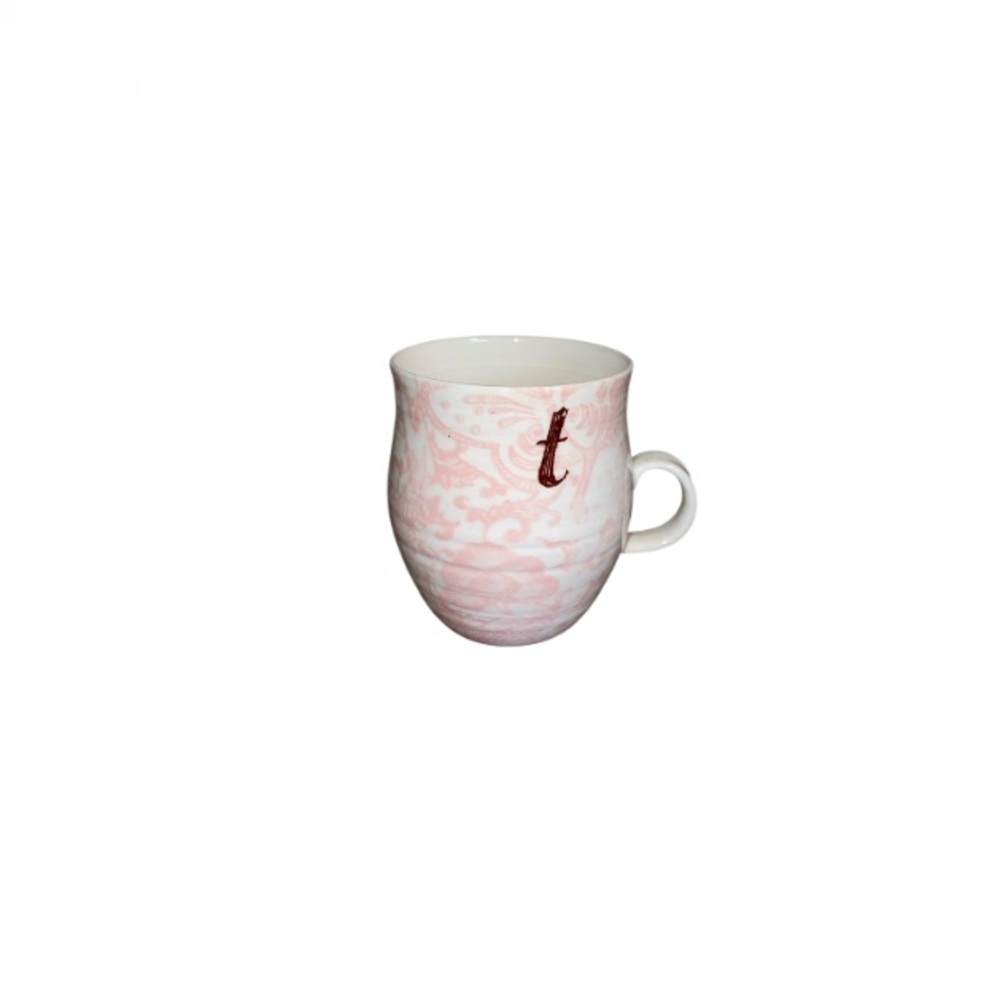 Anthropologie “Homegrown” Pink and White Monogram Letter "T” Floral Toile Mug